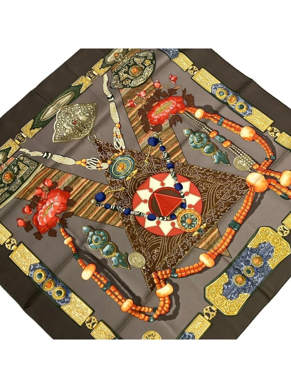 Hermes Scarf Carre 90 Bordeaux Dark Brown Multi Tibet